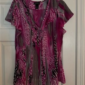 Lane Bryant Magenta and Gray Abstract Flutter-Sleeve Blouse